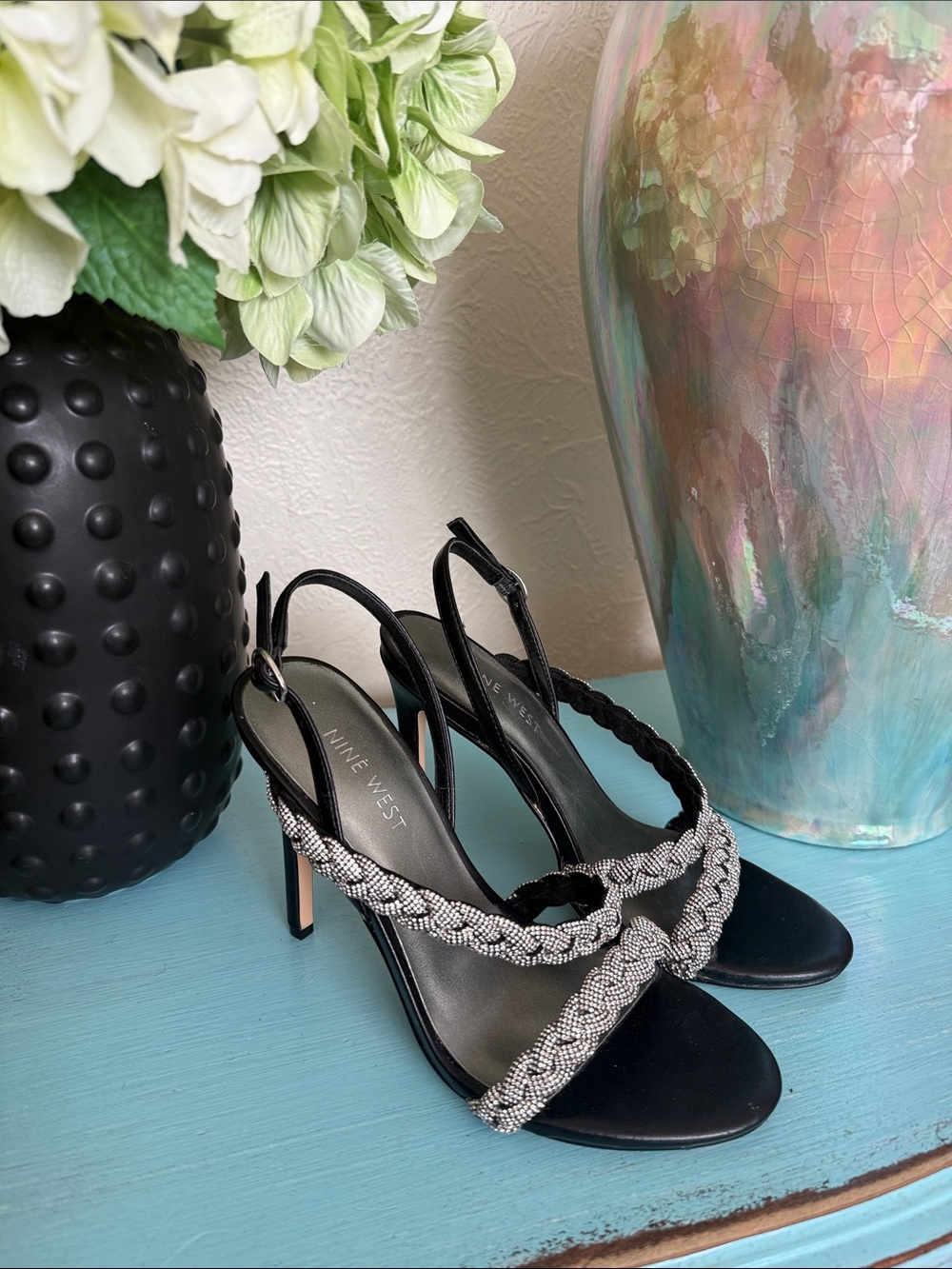 Nine West Black 4” Heels with Silver Braided Straps